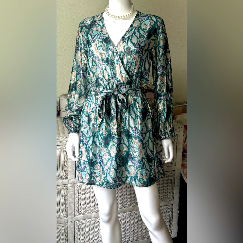 Omika Anthropologie Faux Wrap Metallic Mini Dress Gold Threads on Green Size S